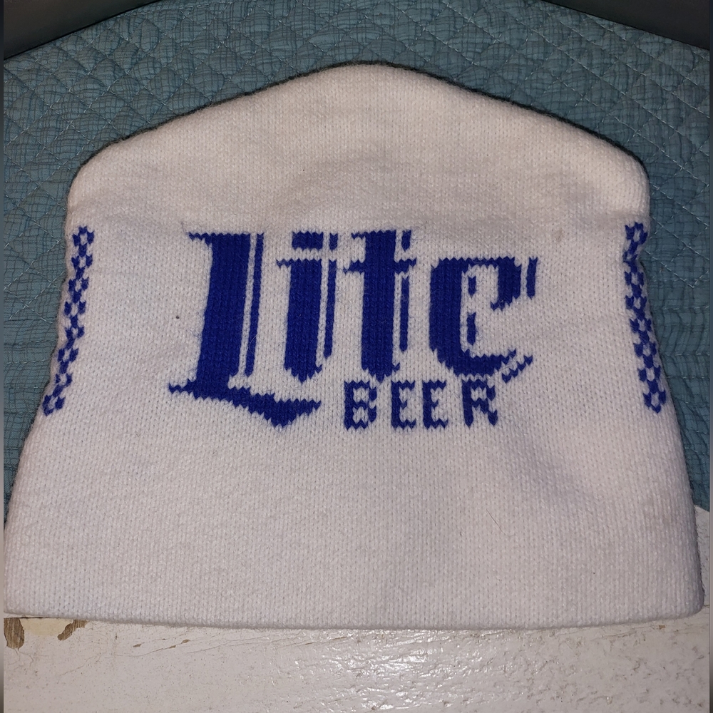 Vtg Miller Lite "Lite Beer" Unisex White & Blue Winter Beanie Hat